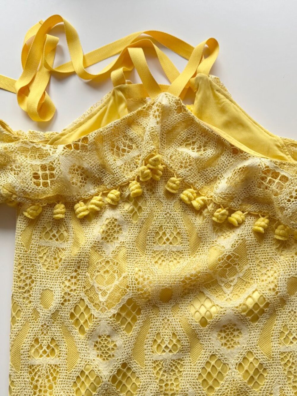 ALEXIS Adriana Yellow Lace Pom Pom Ruffle Cold Shoulder Tie Blouse, Size XS - Picture 10 of 15